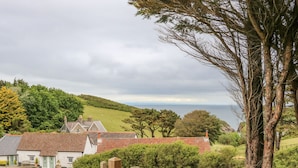 A rural landscape with houses, a wooden gate, and a tree. - Wren Cottage (Ilfracombe)