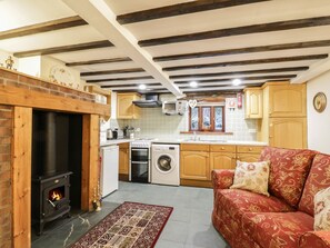 A cozy living room with a fireplace, a sofa, and a kitchen area with wooden cabinets and a washing machine.