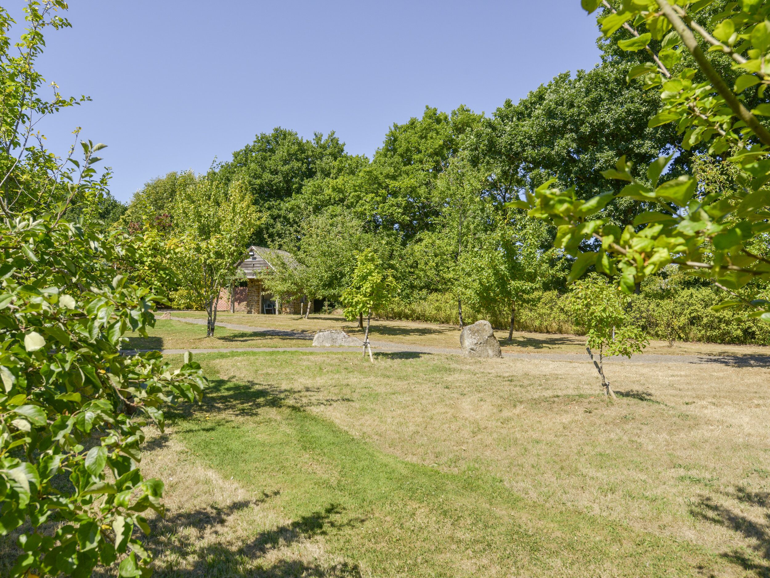 A rustic stone building surrounded by lush greenery and trees.
