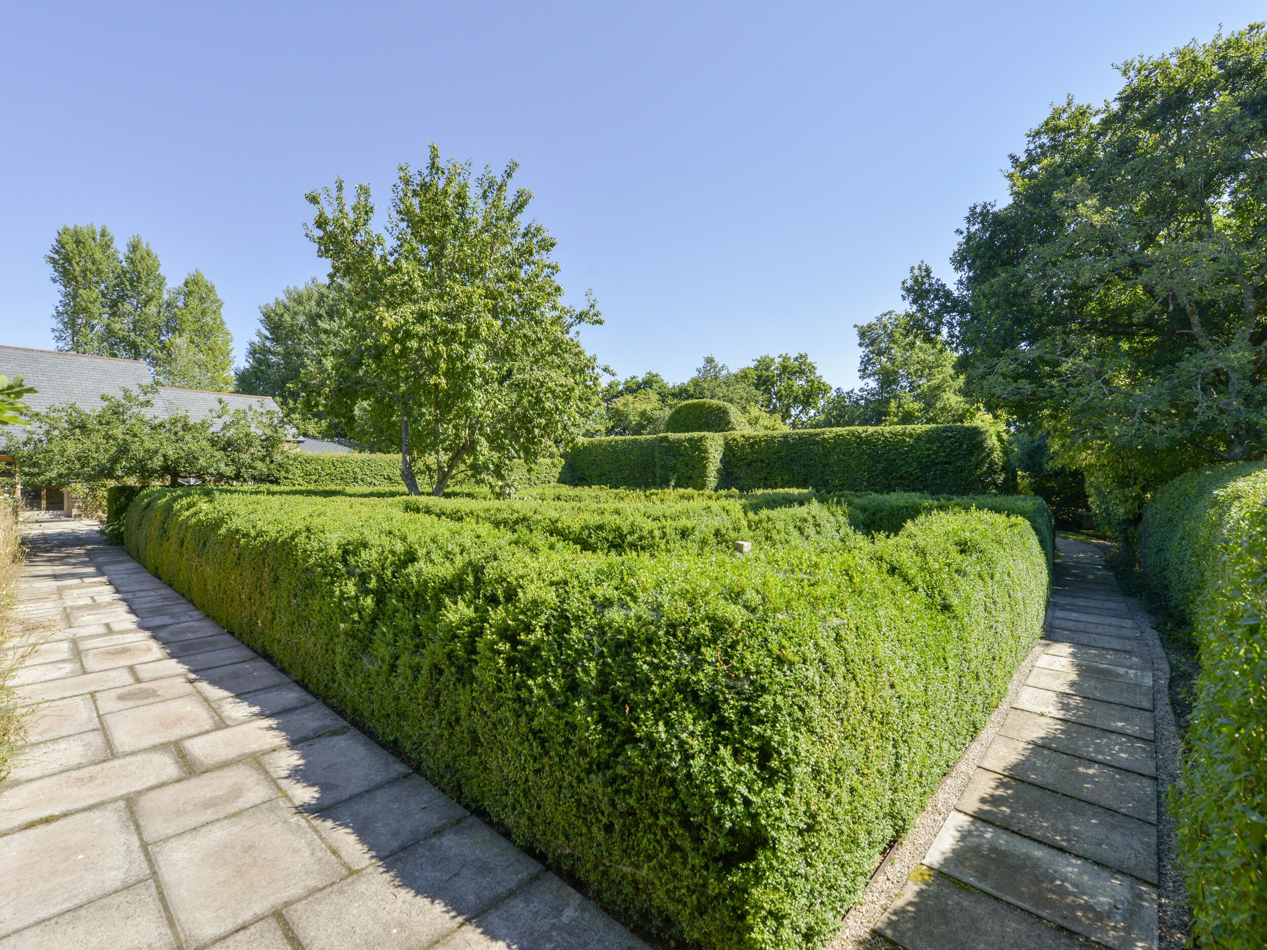A garden with a stone pathway, neatly trimmed hedges, and a large tree.