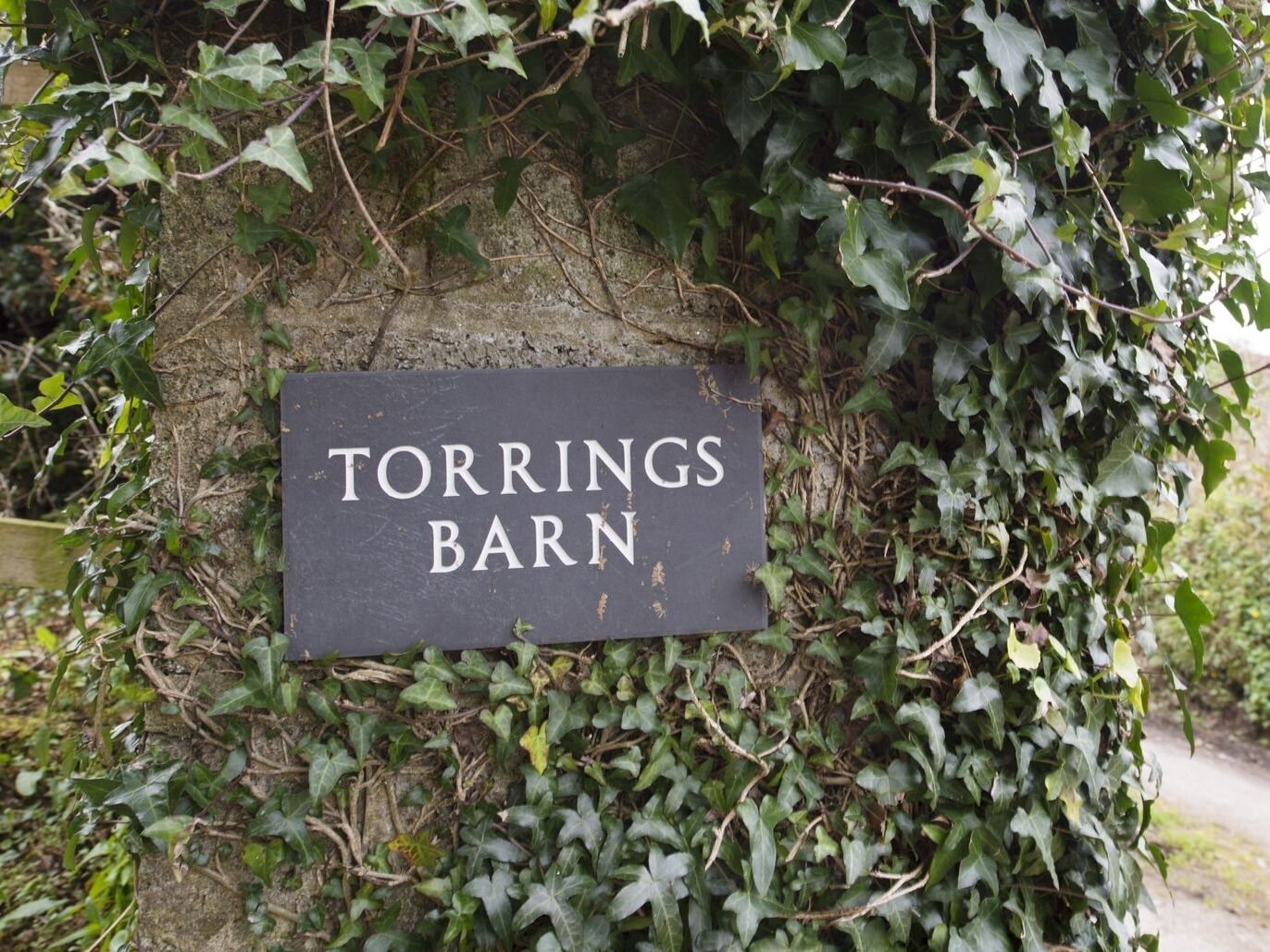 A sign reading "TORRINGS BARN" surrounded by ivy.