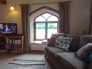 A cozy living room with a television, a bookshelf, a cushioned sofa, a patterned rug, and a window with curtains.