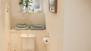 Un baño pequeño con inodoro, una ventana con una planta y un perchero para toallas.