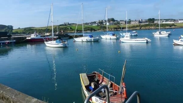 A marina with several boats docked, a clear sky, and a hilly landscape in the background.