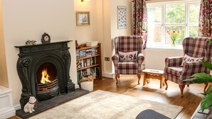 A cozy living room with a fireplace, a bookshelf, and two plaid armchairs. - 17 Riverside (Stoke-on-Trent)
