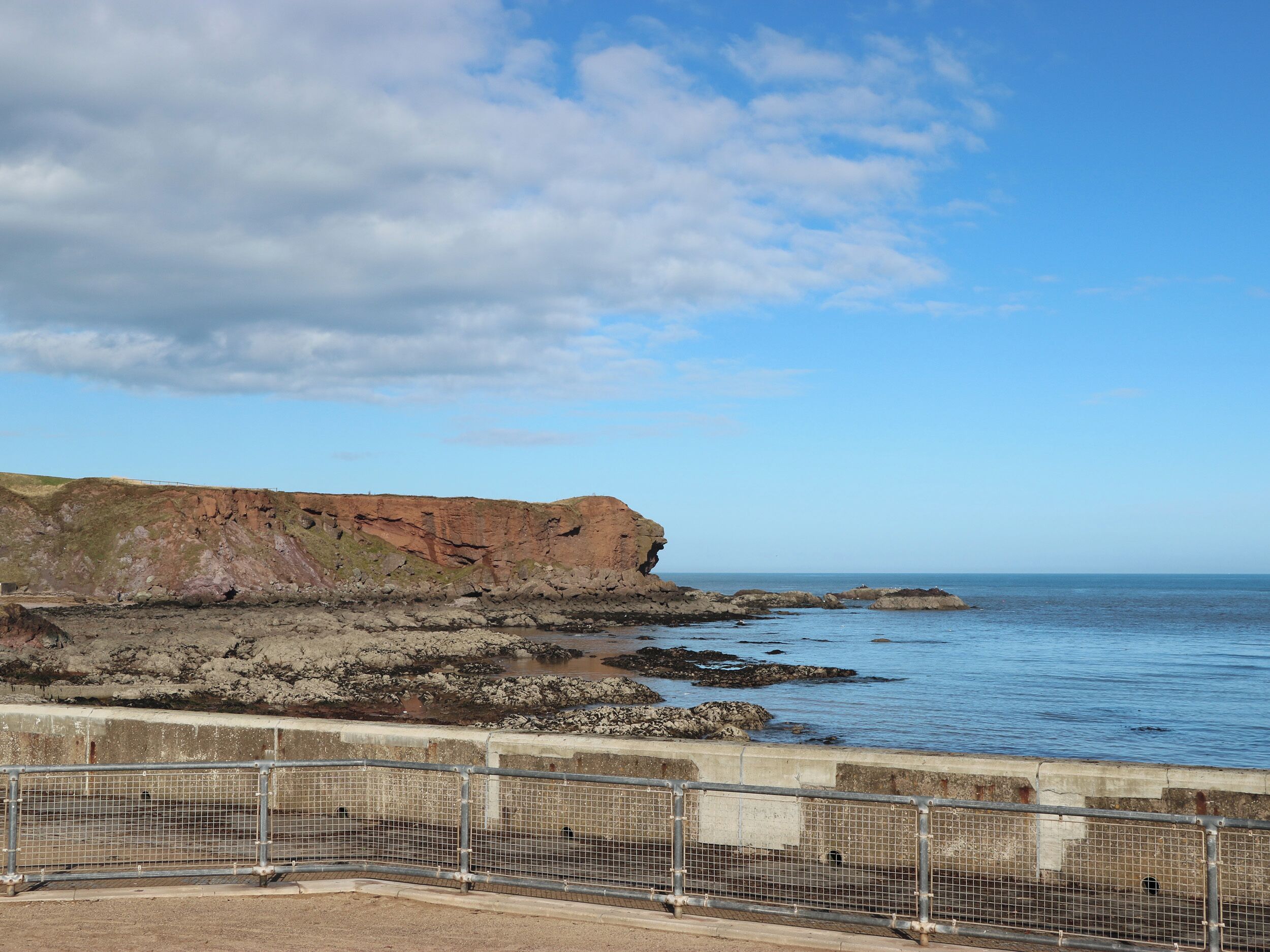 A coastal landscape with a rocky cliff and a metal fence in the foreground.