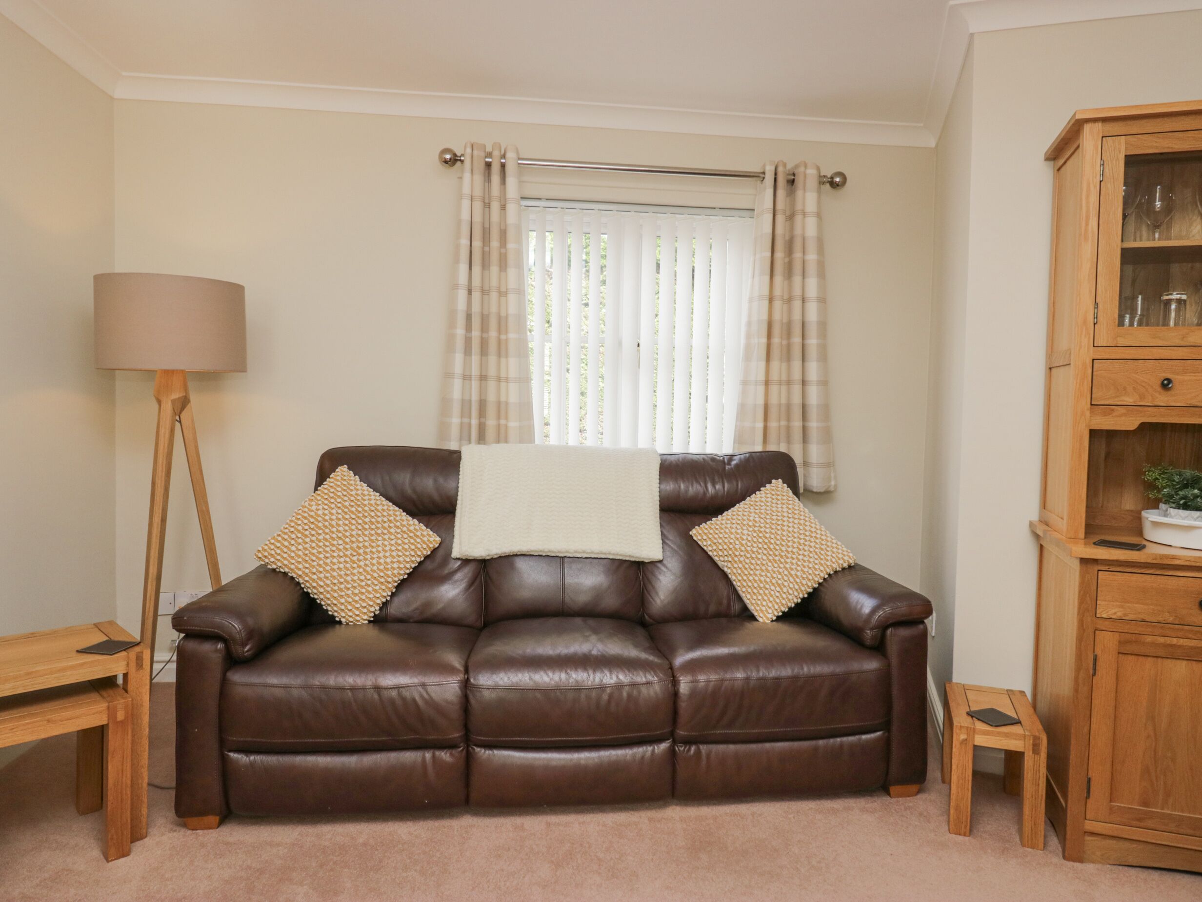 A brown leather sofa with two cushions, a lamp, a wooden cabinet, and a window with curtains.