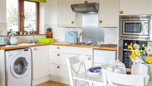 Eine kleine Küche mit Waschmaschine, Herd und Backofen.