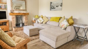 A living room with a sofa, a wicker chair, a fireplace, a television, and a bookshelf. - Bertelle (King's Lynn)