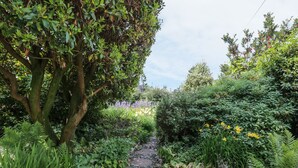 Un chemin de pierre bordé d’une végétation luxuriante et de plantes en fleurs.