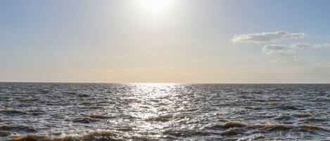 A body of water with sunlight reflecting off the surface.