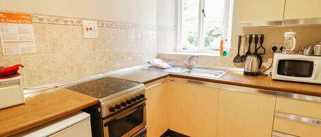 Una cocina compacta equipada con estufa, horno, lavabo y microondas.