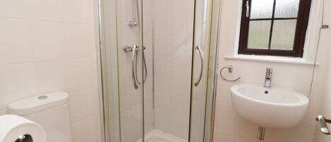 Ein Badezimmer mit Duschkabine, Toilette und Waschbecken.