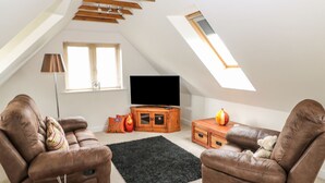 Un dormitorio estilo loft acogedor con techo inclinado, tragaluces, televisor de pantalla plana, un mueble de madera y dos sillones de cuero.