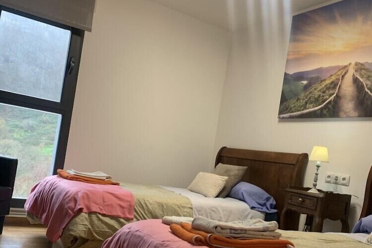 Une chambre avec deux lits, une grande fenêtre, un tableau au mur et un luminaire au plafond.