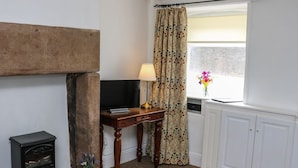 Een kamer met een open haard, een televisie op een houten tafel, een raam met gordijnen en een radiator.