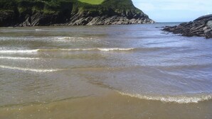 A coastal landscape with a sandy beach and a grassy hill. - Martin Cottage (Ilfracombe)