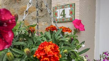 A house number '14' on a wall, surrounded by various flowers.