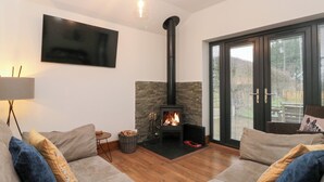 Una sala de estar con chimenea, televisor y sofá.