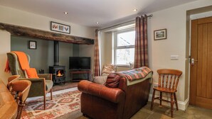 A cozy living room with a fireplace, a television, and comfortable seating. - Trefollwyn Mawr (Pwllheli)