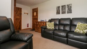 A living room with a black leather sofa, a wooden cabinet, and a fire extinguisher. - The Old Goat Barn at Trout Cottage (Somerton)