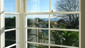 A view through a window with multiple panes, revealing a landscape with trees, a building, and a clear sky. - 1 Florence Place (Falmouth)
