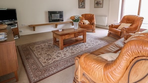 A living room with a sofa, coffee table, TV, and a fireplace. - The Barn (Abergavenny)