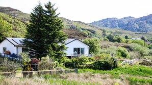 Et moderne hus med et stort træ foran, omgivet af frodig vegetation og bakker i baggrunden.