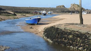 Een kustlandschap met boten afgemeerd aan een zandstrand, een rotsachtige richel en een vogel op een paal.