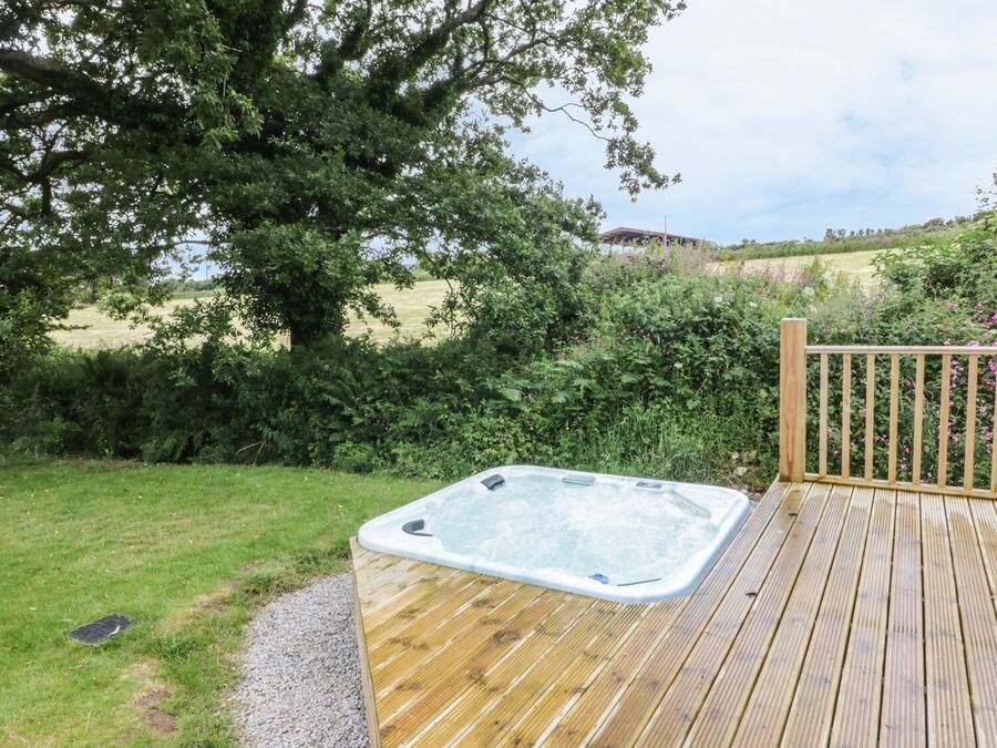 Un bain à remous sur une terrasse en bois, avec vue sur un champ verdoyant et des arbres.
