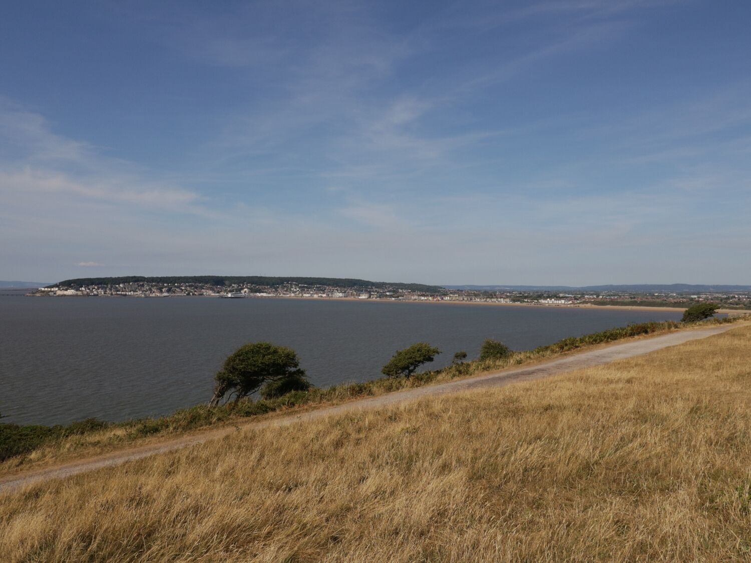 A coastal landscape with a clear view of a town across the water, a dirt path, and sparse vegetation.