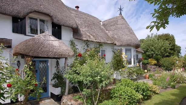 A traditional thatched-roof house with a stone pathway leading to the entrance. - Appletree Cottage (Newton Abbot)