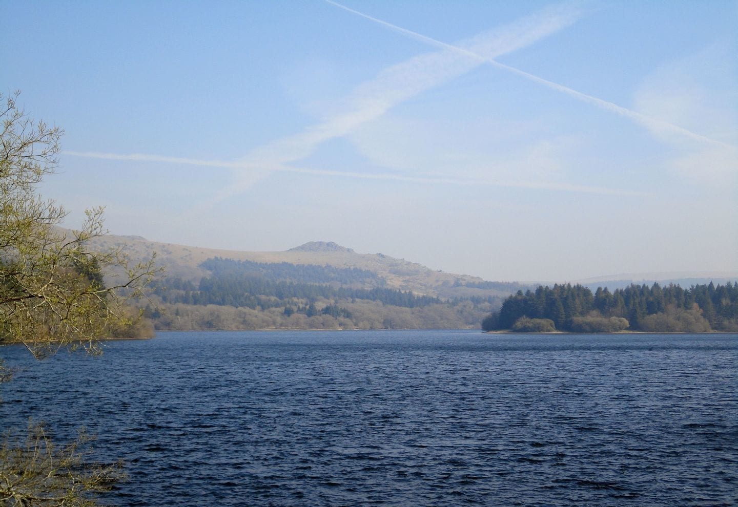 Un lago tranquilo con una colina arbolada al fondo y un cielo despejado.