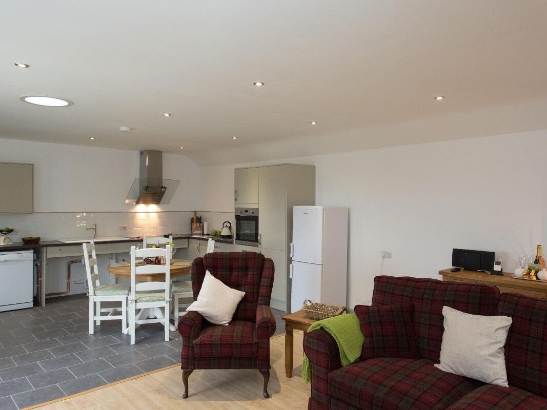 A modern kitchen with white cabinets, a dining area with white chairs, and a living area with a red plaid sofa and a green throw blanket.