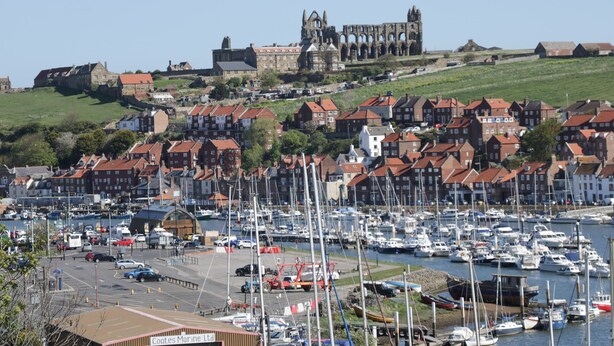 A coastal town with a historic church on a hill, a marina with boats, and residential buildings with red roofs. - The Fox's Den (Whitby)