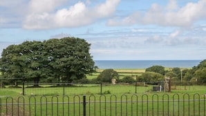 A fenced park with a large tree and a view of the sea. - Y Beudy Cottage (Caernarfon)
