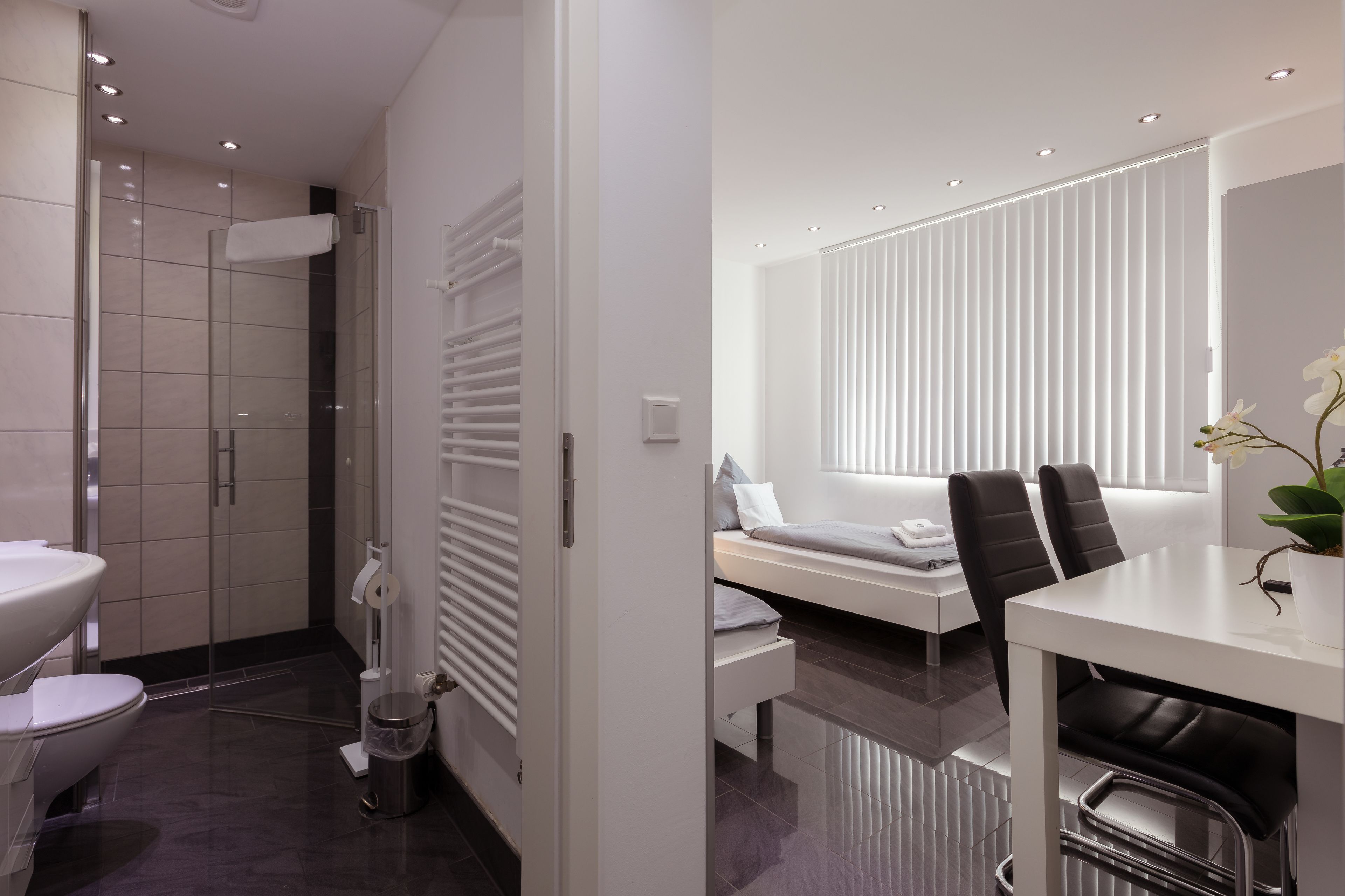 Un baño moderno con cabina de ducha de vidrio, un lavabo blanco y un inodoro.