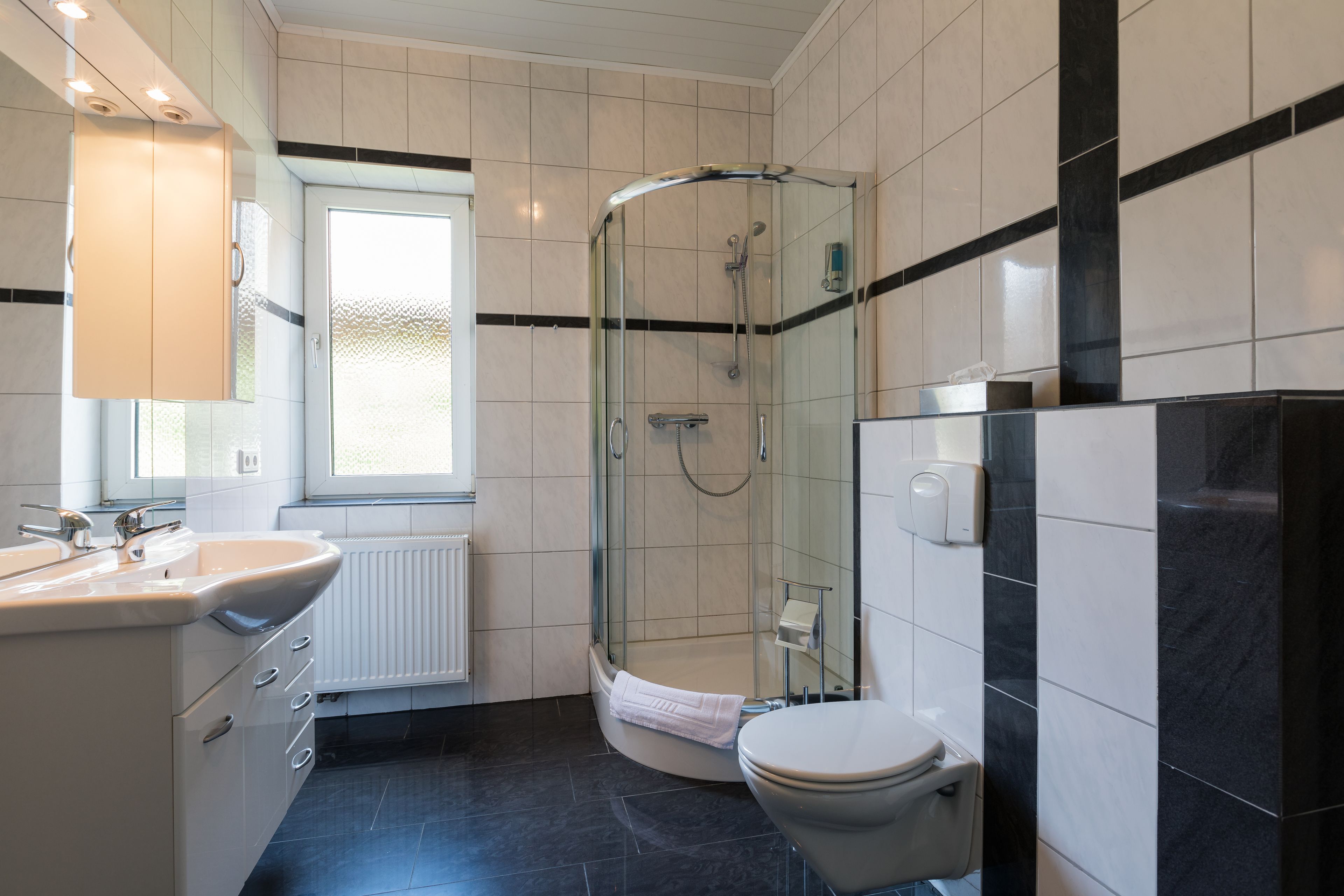 A modern bathroom with a glass-enclosed shower, a toilet, and a sink.