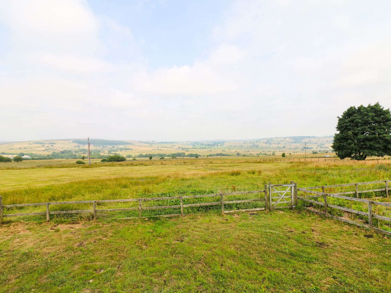 Een landelijk landschap met een houten omheining en een boom.