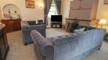 A living room with two grey sofas, a television, a fireplace, and a bookshelf.