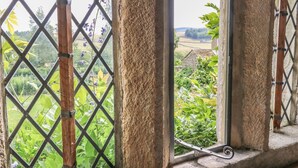 A window with a metal grid, wooden beams, and a view of a garden with various plants and flowers. - High Hall (Skipton)