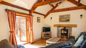 Ein gemütliches Wohnzimmer mit Kamin, Ledersofas und Fernseher.