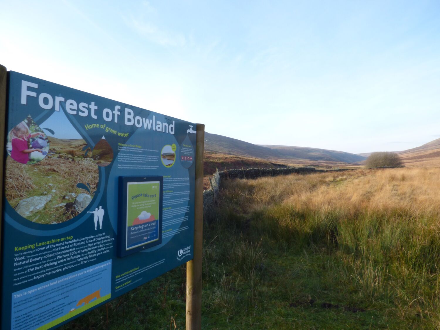 Un cartel con el título 'Forest of Bowland' que proporciona información sobre la zona y su belleza natural.
