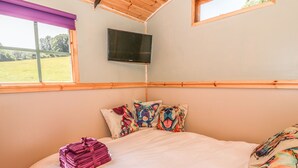 A bedroom with a bed, pillows, a TV, and a window with a view of a green field. - Railway Carriage (Abergavenny)
