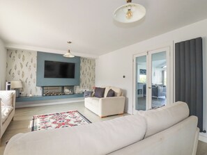 Televisión, chimenea, reproductor de DVD