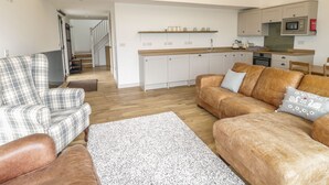A modern living room with a sofa, armchair, and a rug. There is a kitchen area with cabinets and a microwave. - Swan Lodge Castle Farm (Wedmore)
