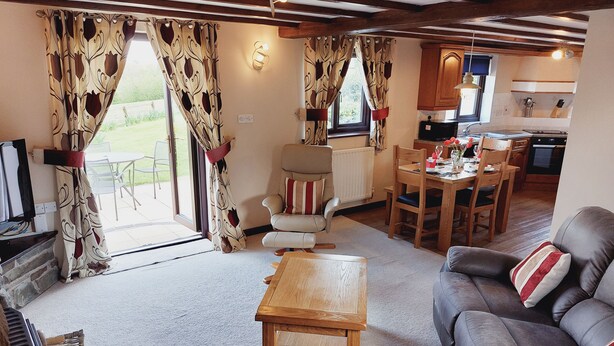 Un salon chaleureux avec un canapé, une table basse en bois et une cheminée. On y trouve également un coin repas avec une table et des chaises, et une cuisine à l’arrière-plan.