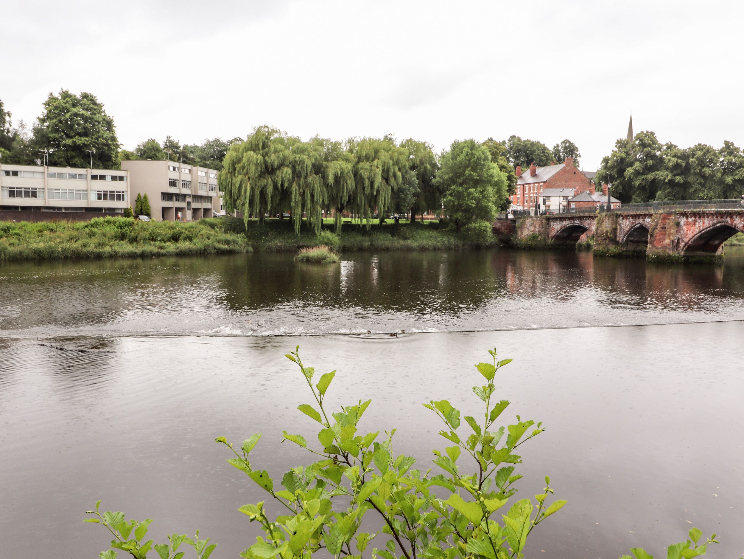 A river with a bridge, buildings, and trees in the background.