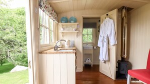 A cozy cabin with a wooden interior, a kitchen with a sink and kettle, a bathroom with a mirror and towel rack, and a red chair. - Orchard (Wadebridge)