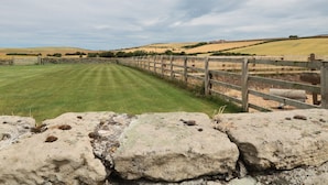 A rural landscape with a stone wall in the foreground, a wooden fence, and a grassy field. - Street House Farm Cottage (Saltburn-by-the-Sea)